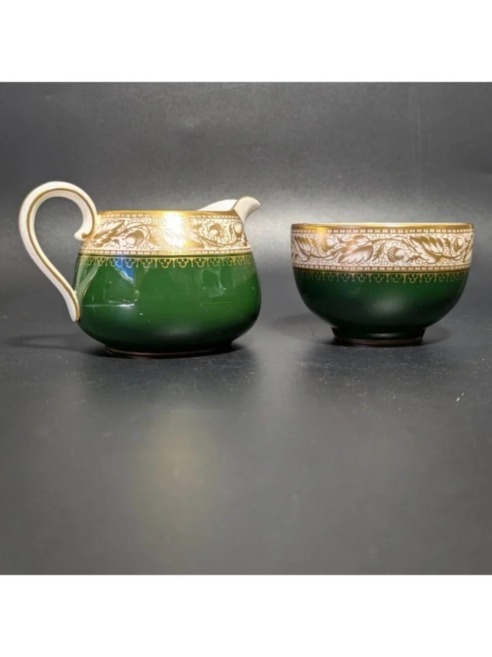 Spode Green Gold Creamer Sugar Bowl Set Fine Bone China Elegant Design